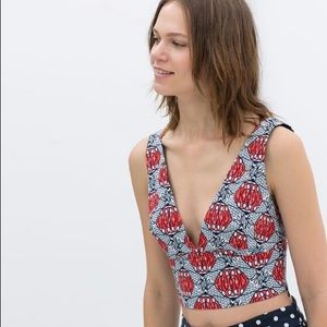 Zara Trafaluc African Print Blue and Red Crop Top